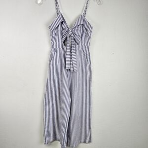 Main Strip Jumpsuit Blue White Striped Open Bow Sz S Sailor Cottagecore Coastal